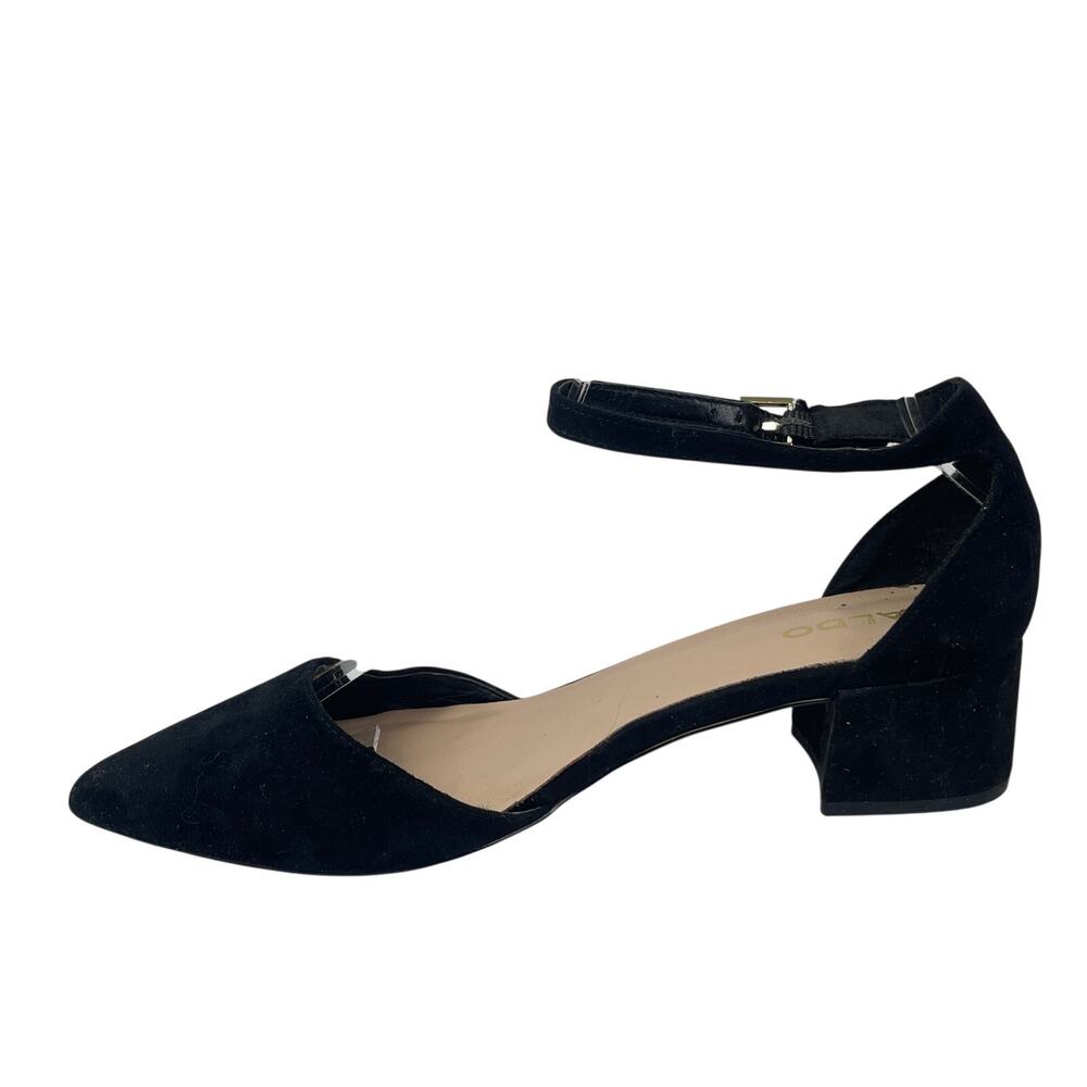 Aldo Womens Black Suede Ankle Strap Pointed Toe Low Chunky Block Heel Pumps 8.5